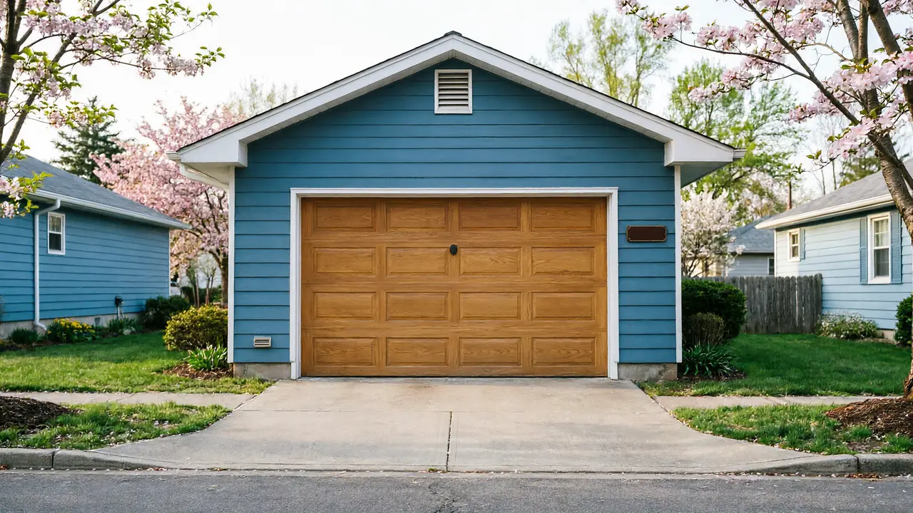 A blue garage with a brown garage door and a white trim.