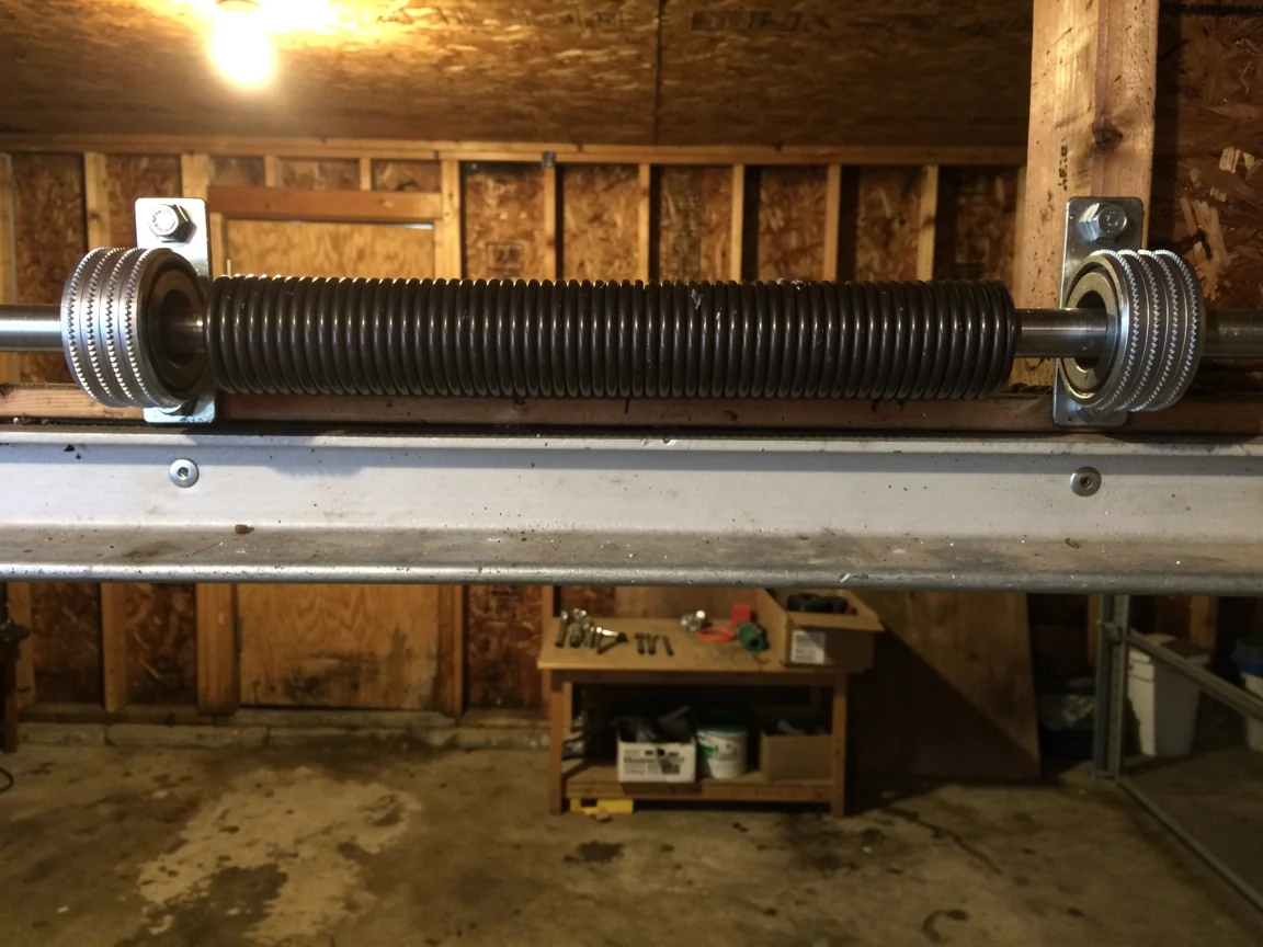 A garage door torsion spring is mounted above a metal beam.